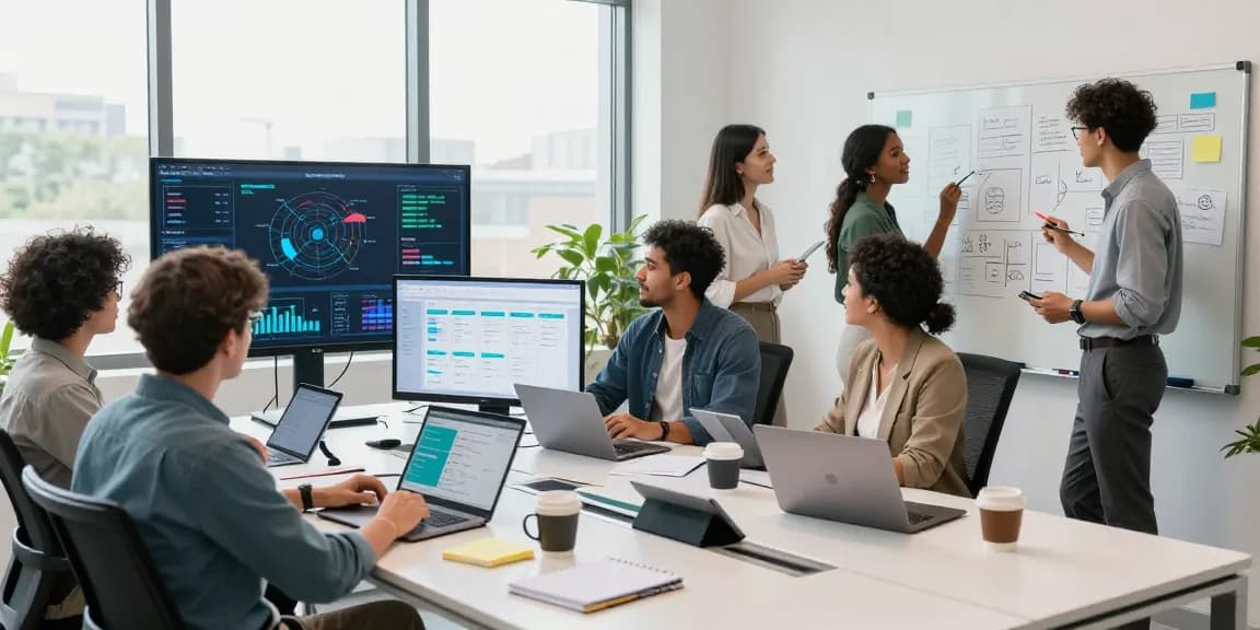 Team collaboration in a modern workspace showcasing WPS Official Website technology, data visualizations, and dynamic teamwork.