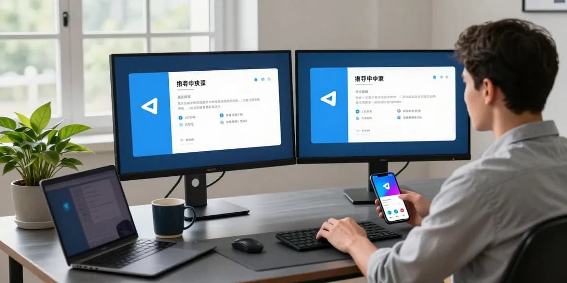 Setting up Telegram Chinese language interface in a modern tech workspace.