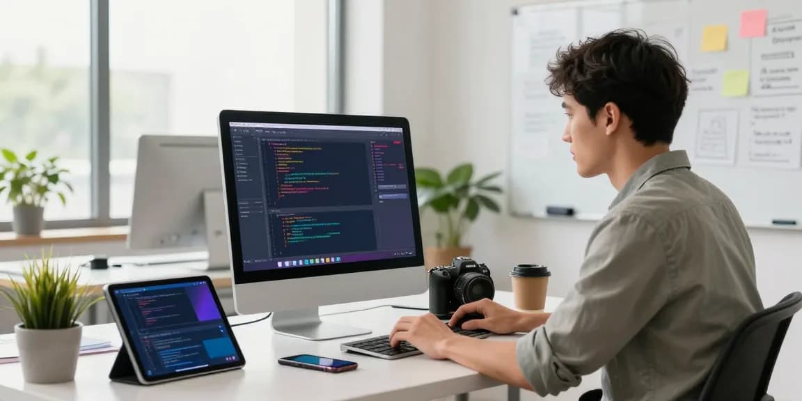 快连 app setup in a modern workspace with a developer coding and tech gadgets