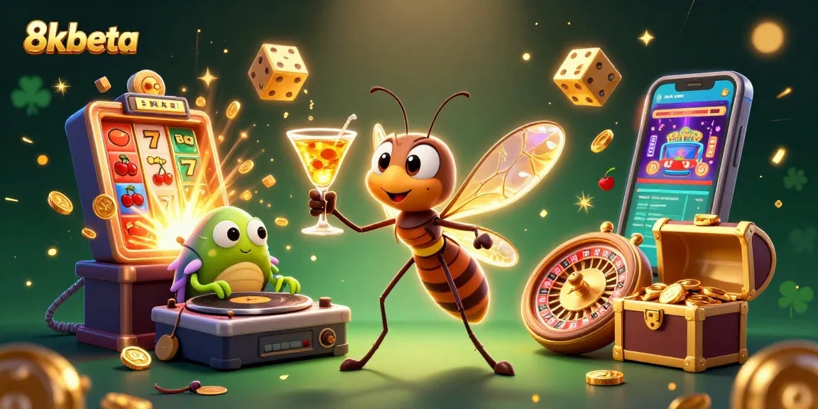 Experience thrilling gaming action with 8kbeta's lively casino mascot amid attractions and jackpots.