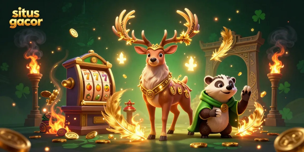 Engage in situs gacor gaming with a vibrant 3D scene showcasing lucky symbols and animated characters.