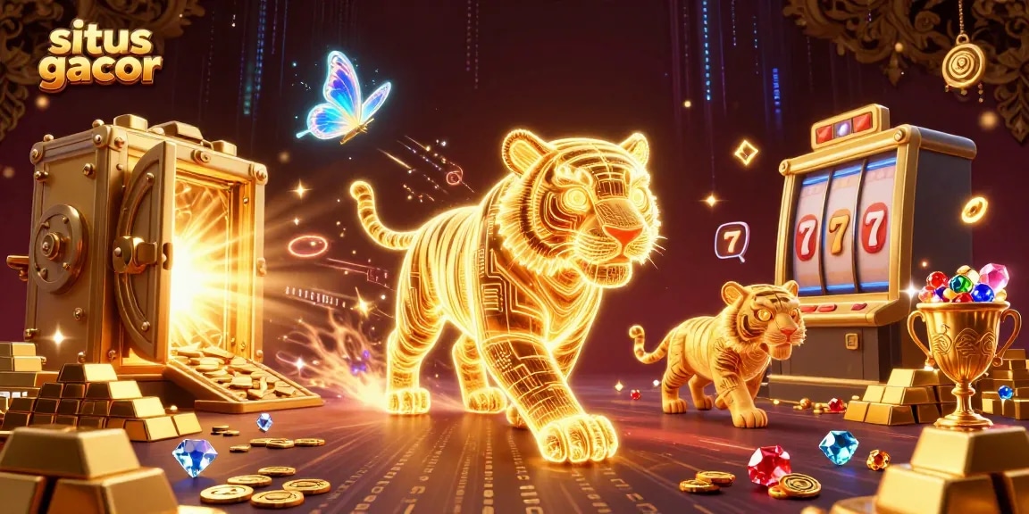 Engage with situs gacor in an exciting digital casino scene featuring a golden tiger and slot elements.