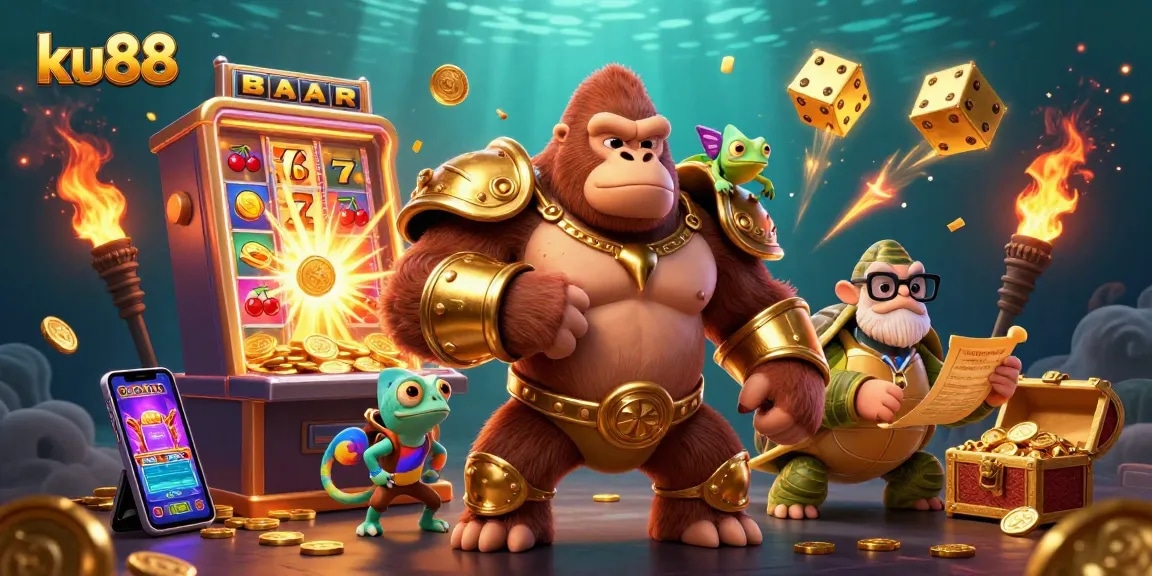 ku88 players experiencing an explosive jackpot moment with 3D characters and casino symbols
