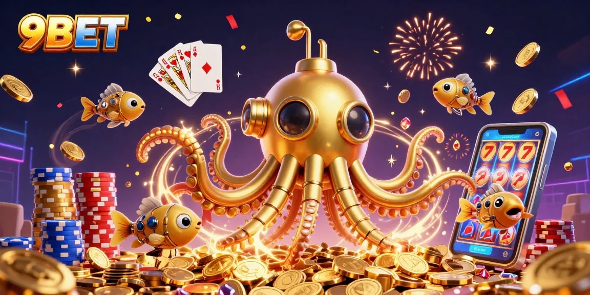 Engage with 9BET's immersive 3D casino experience featuring the kraken submarine in a treasure trove!