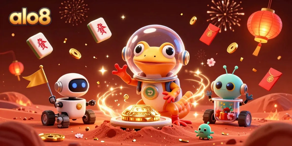 Join the excitement at alo8 with a Martian gecko celebrating a golden casino discovery!