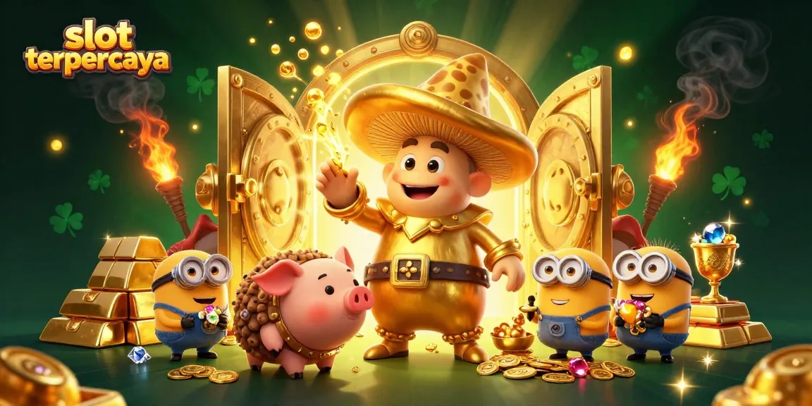 Experience slot terpercaya with a golden mushroom wizard, treasure and luck in an enchanting slot game scene.