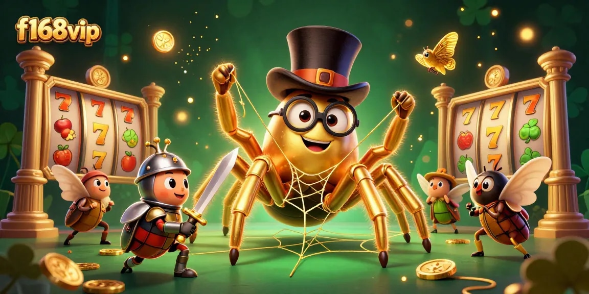 Engage with f168vip as a golden tarantula weaves a captivating web within a vibrant casino scene.