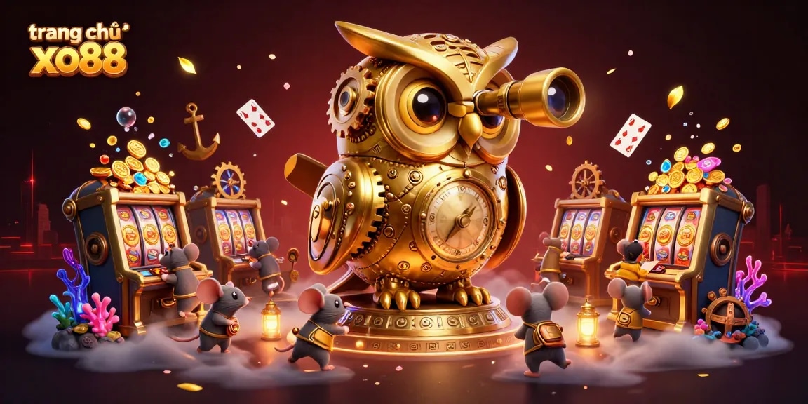 Engage with the mesmerizing scene at trang chủ xo88 featuring a golden owl watching over a bustling casino floor.
