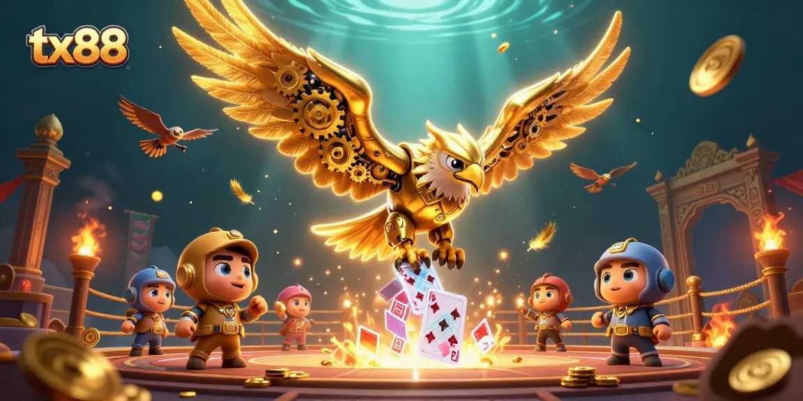 Experience the thrill of gaming with tx88 featuring a cybernetic eagle amidst holographic cards.
