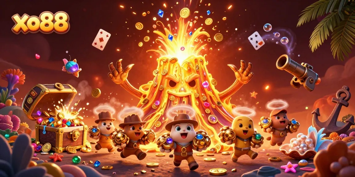 Experience the excitement of xo88 with a dynamic casino scene featuring treasure and 3D characters.