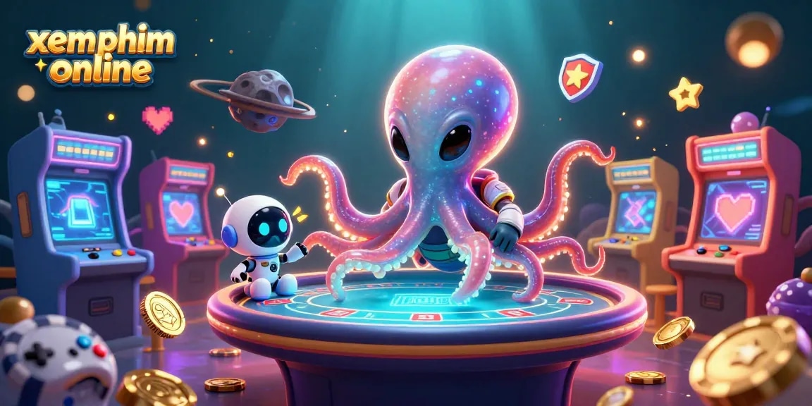 Engage with xem phim online as an alien octopus plays poker amidst vibrant casino elements.