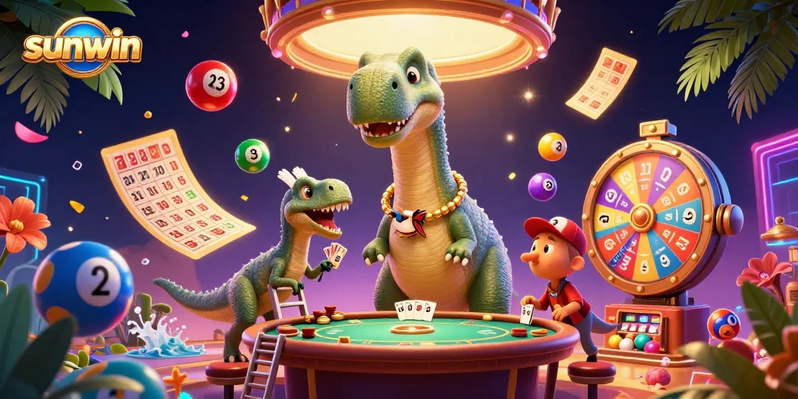 Win big with sunwin as a brontosaurus towers over a colorful casino scene.