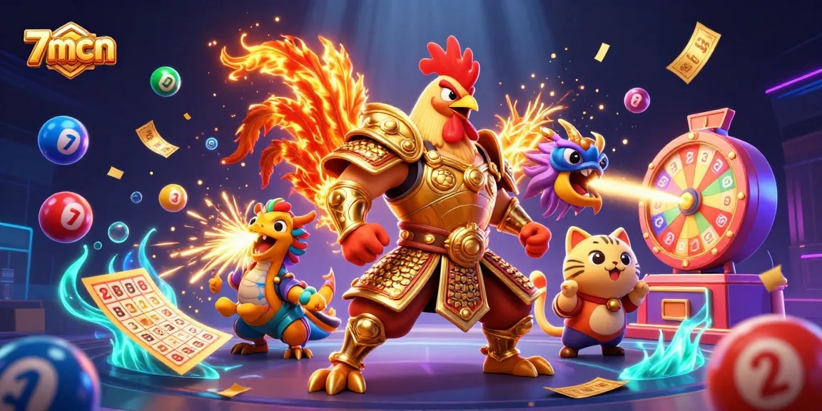Experience thrilling moments with 7mcn as dynamic lottery elements and characters collide in this vibrant illustration.