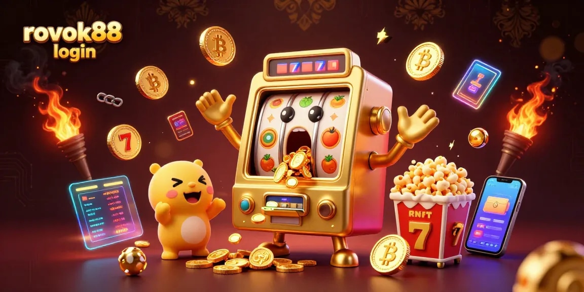 Experience the excitement of rokok88 login with a golden slot machine celebrating a jackpot victory in a vibrant casino scene.