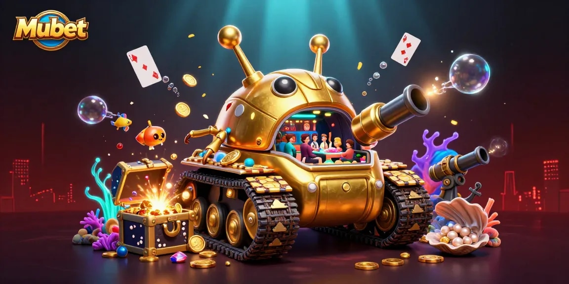 Mubet shows a vibrant, ultra-detailed casino scene with a golden beetle tank amidst dynamic underwater treasures.