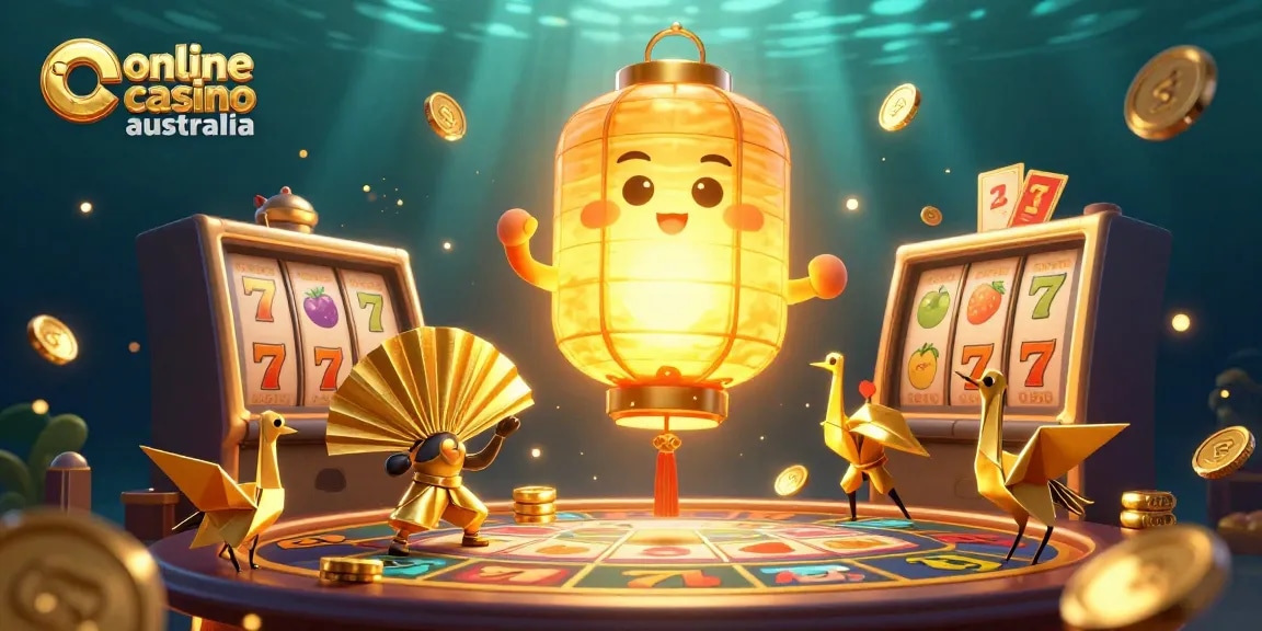 Engage with online casino Australia through a vibrant 3D illustration of lucky spirits and casino elements.