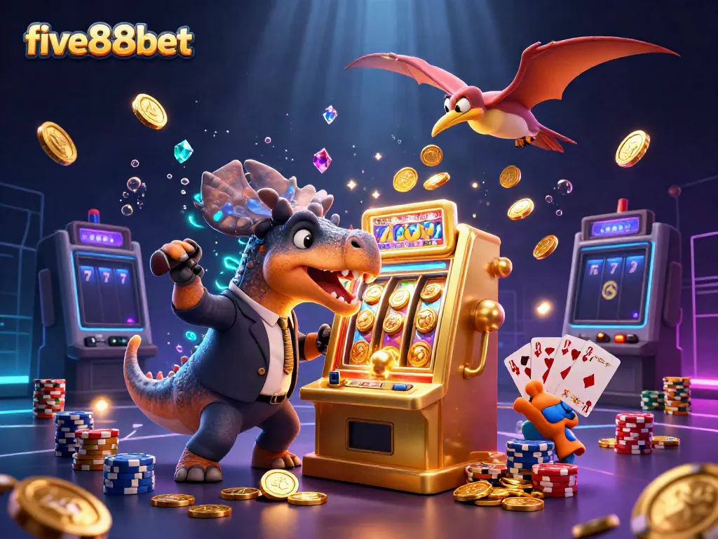 Experience the excitement of five88bet with a vibrant 3D scene showcasing a dinosaur hitting a jackpot slot machine.