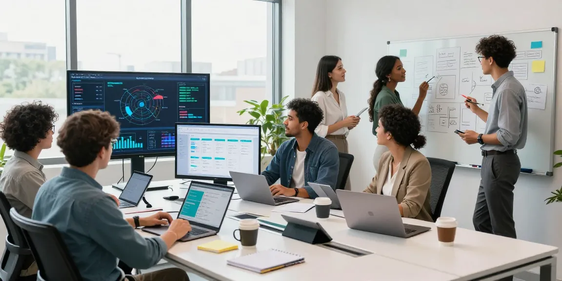 Team collaboration in a modern workspace showcasing WPS Official Website technology, data visualizations, and dynamic teamwork.