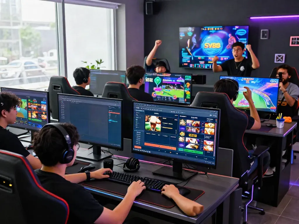 Players enjoying online gaming at https://playsv88.net/ with multiple games displayed on a modern setup.