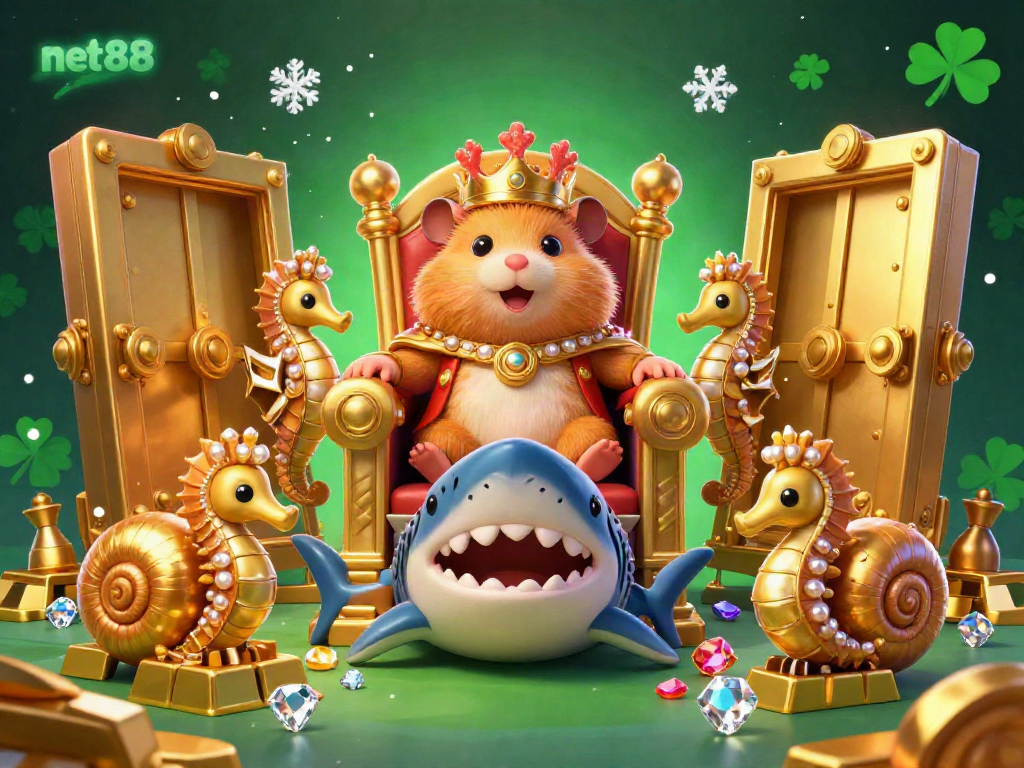 Experience the thrill of net88 with a festive online casino scene featuring a golden hamster king and treasure.