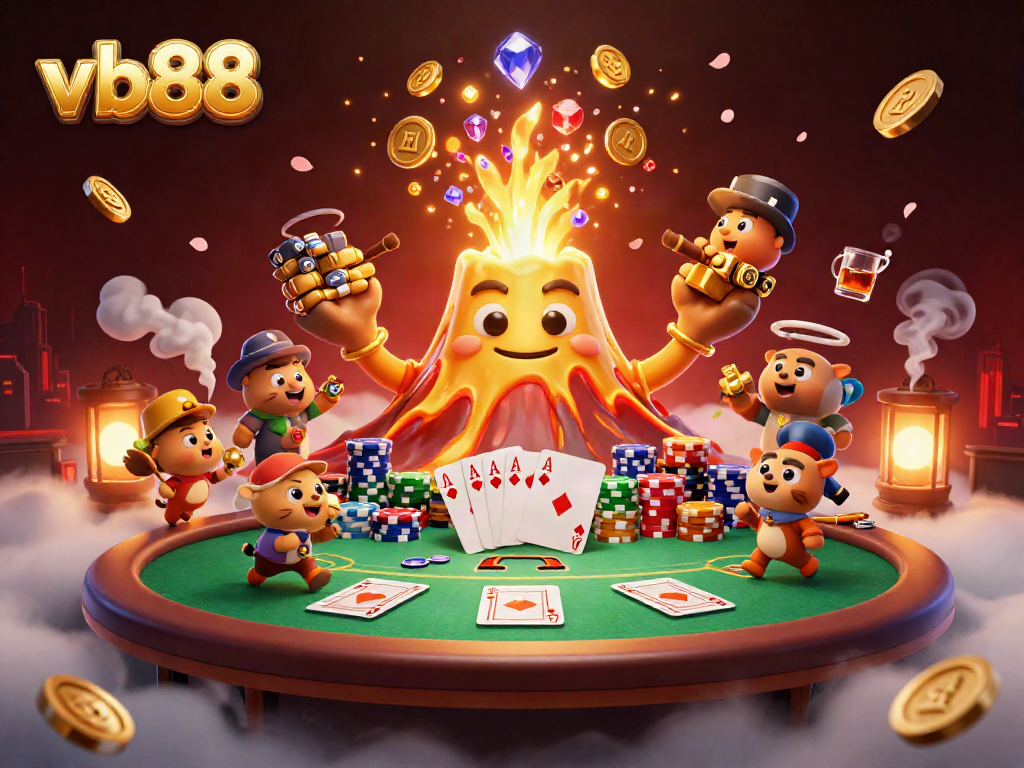vb88 captures the thrill of winning as cartoon animals flee with treasure amidst a gold volcano and poker scene