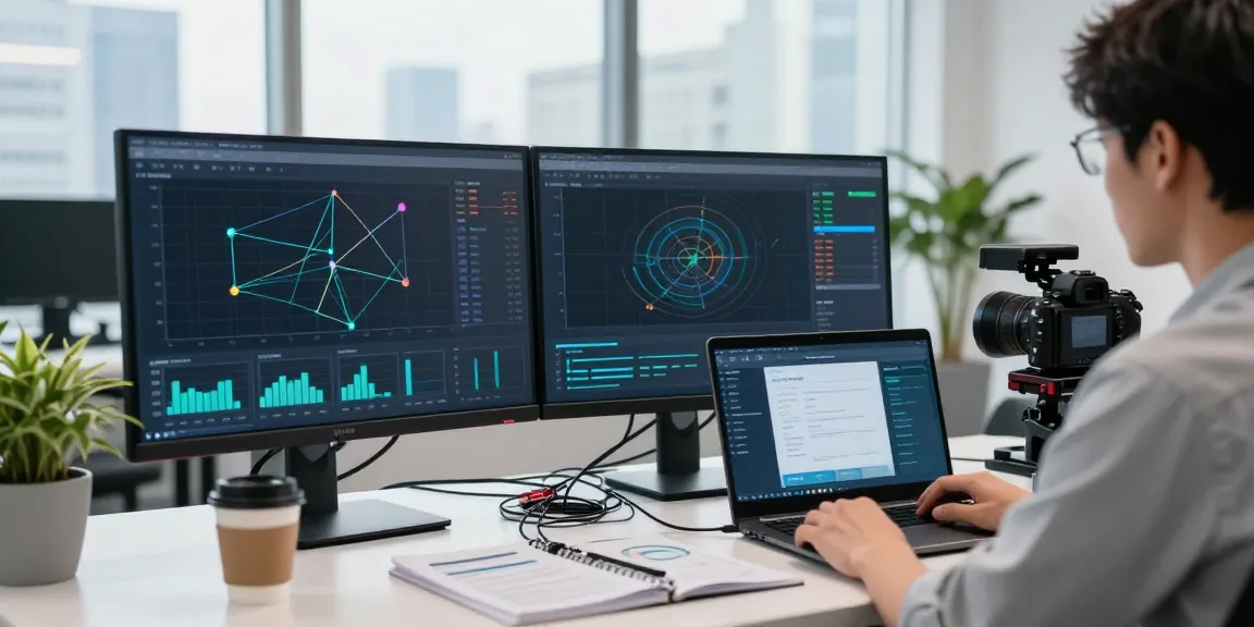 快连 network optimization workspace with dual monitors analyzing performance, highlighting fast VPN software.