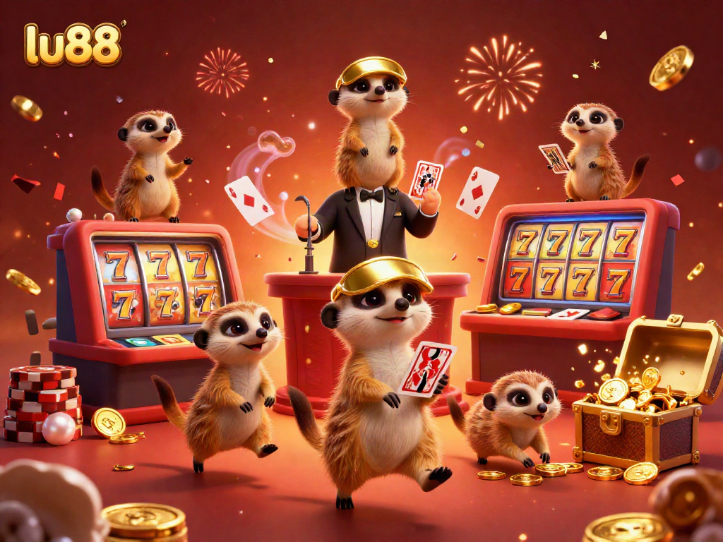 Witness the meerkats of lu88 engaging in lively casino operations, surrounded by vibrant slot reels and gold coins.