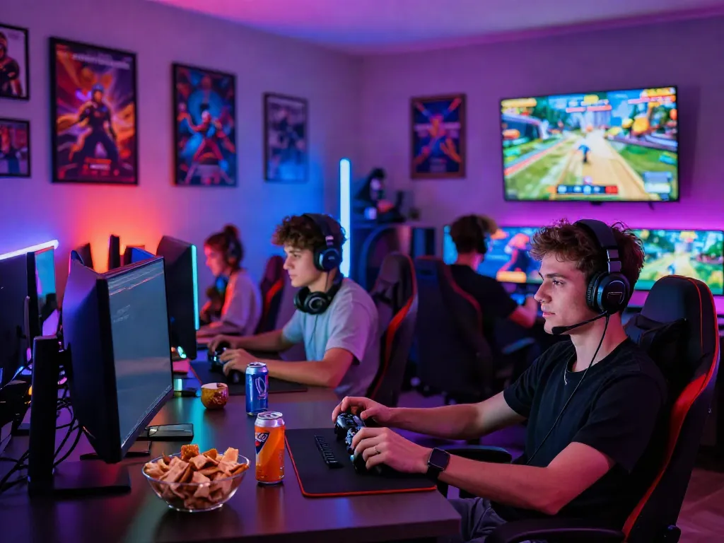 Dynamic gaming scene at https://manclub1.jp.net/ with friends playing video games in a modern man cave.