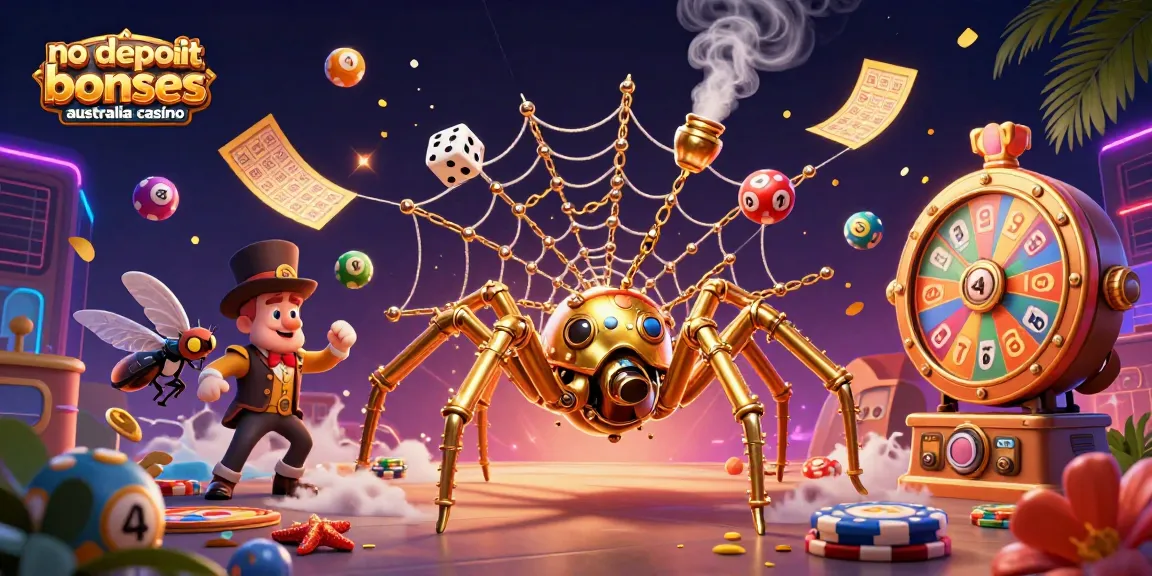 Experience no deposit bonuses Australia casino with vibrant lottery elements and a whimsical steampunk spider.
