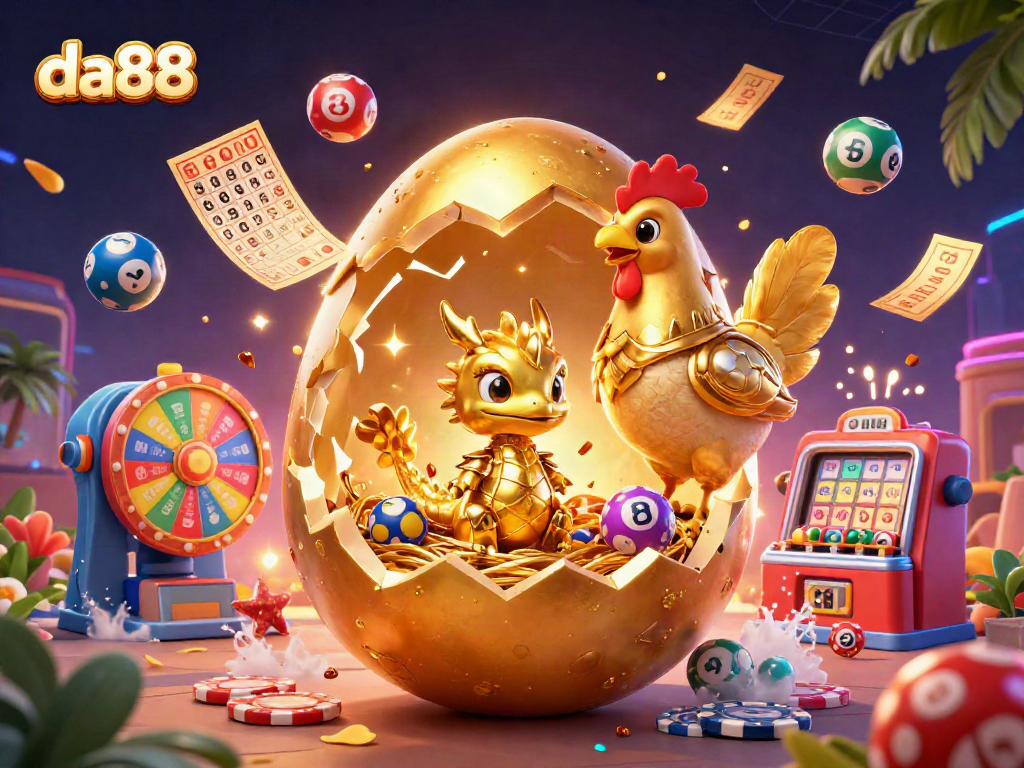 Engaging scene showcasing da88 with a golden dragon and spinning games, full of exciting casino action.
