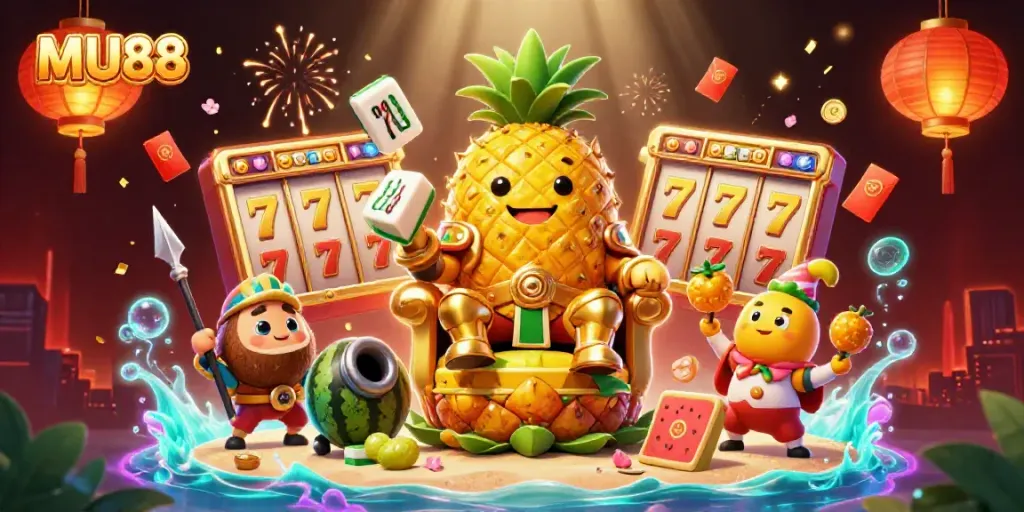 Win big with MU88 as the golden pineapple king reigns over the vibrant beach casino, surrounded by festive elements.