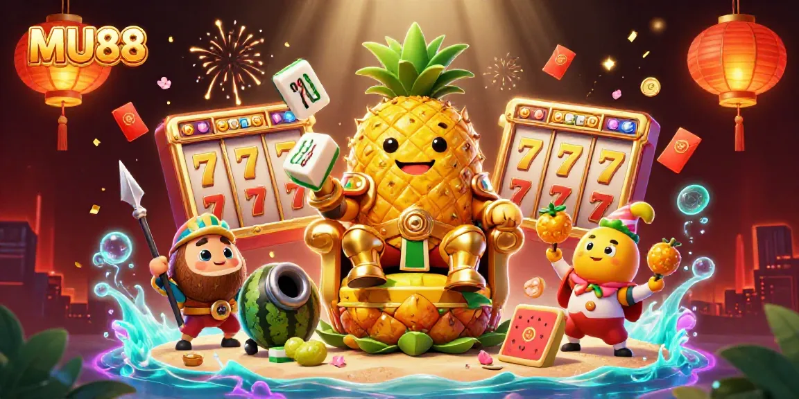 Win big with MU88 as the golden pineapple king reigns over the vibrant beach casino, surrounded by festive elements.