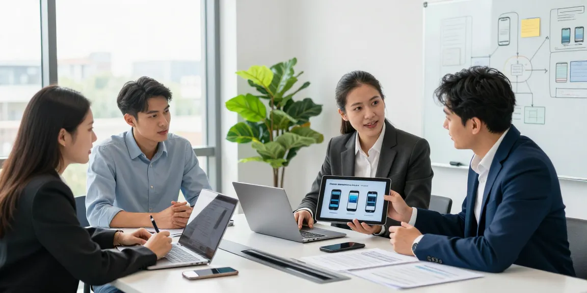 Collaborating team discussing cheap business mobile deals in a vibrant office.