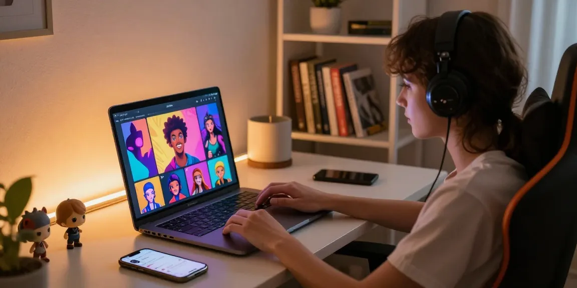 Engaging in nsfw ai chat at a modern workspace with animated character visuals on a laptop.