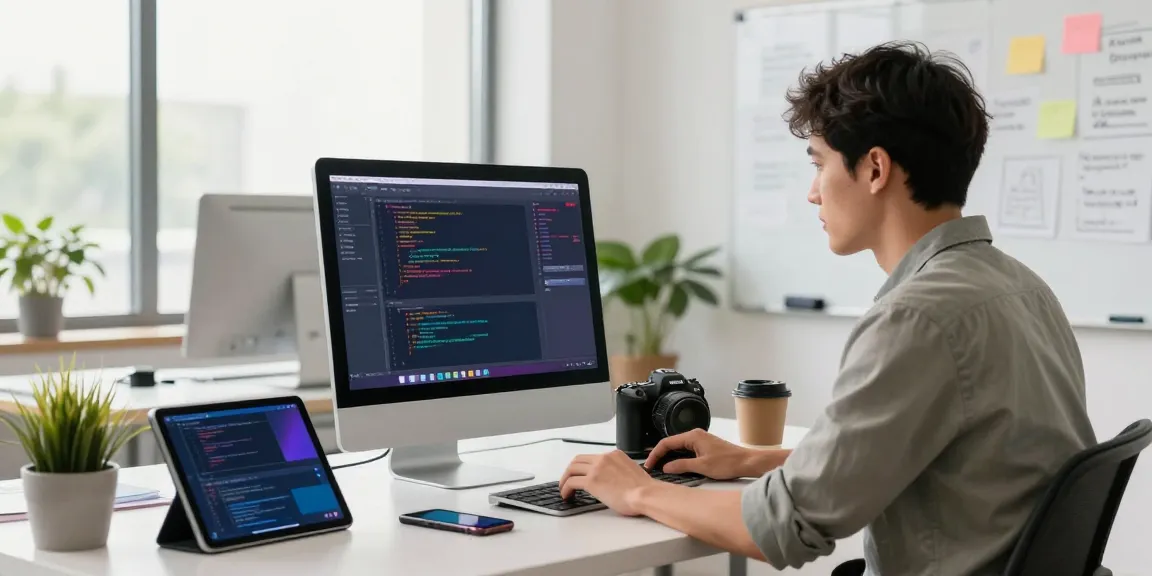 快连 app setup in a modern workspace with a developer coding and tech gadgets