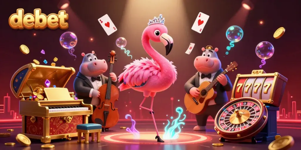 Join the festive atmosphere at debet, where a flamingo singer and hippo bassist entertain amidst vibrant casino games.
