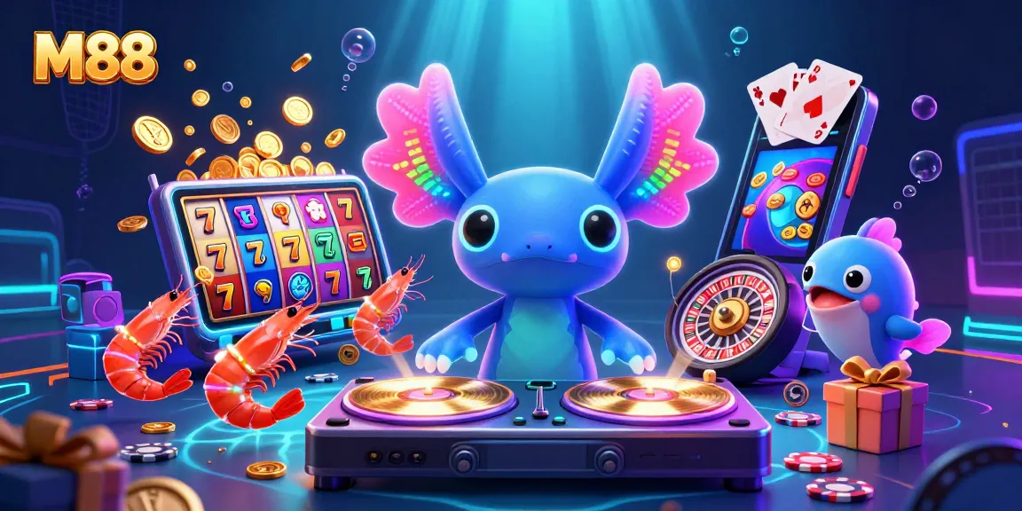 M88 engages players with a vibrant casino-themed scene of a DJ axolotl and interactive game elements.