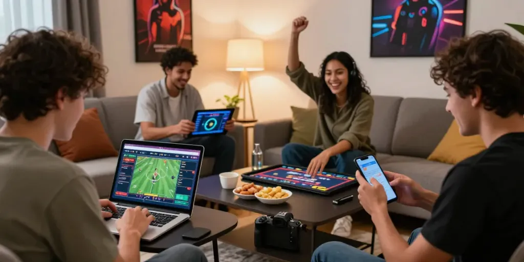 Engaged players enjoying online betting at https://red88.limited/ in a cozy living room setting.