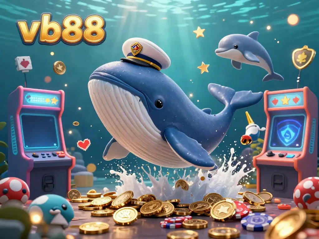 Experience the excitement at vb88 with a vibrant illustration of a whale amidst casino elements.