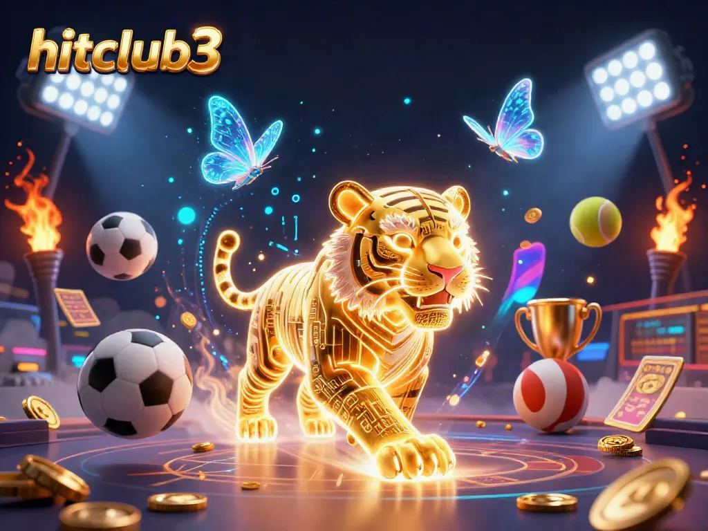 Place bets in hitclub3's vibrant casino of light and energy, featuring a dynamic golden tiger and sports elements.