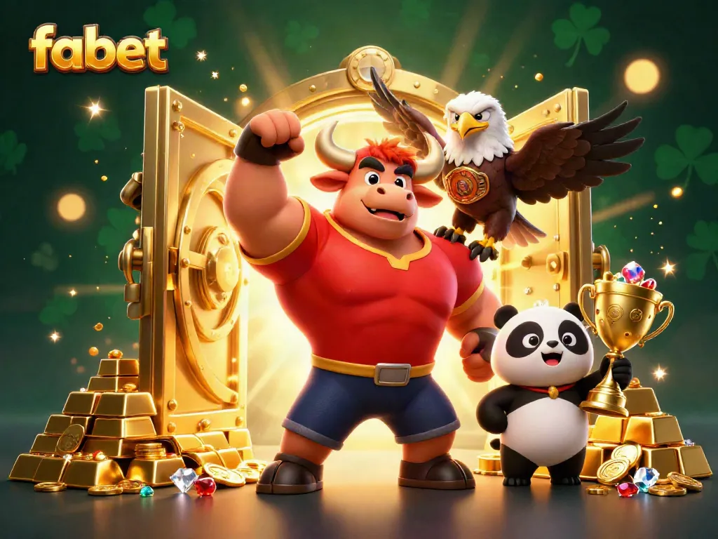 fabet players celebrate big wins with lively characters and treasure in this vibrant 3D illustration