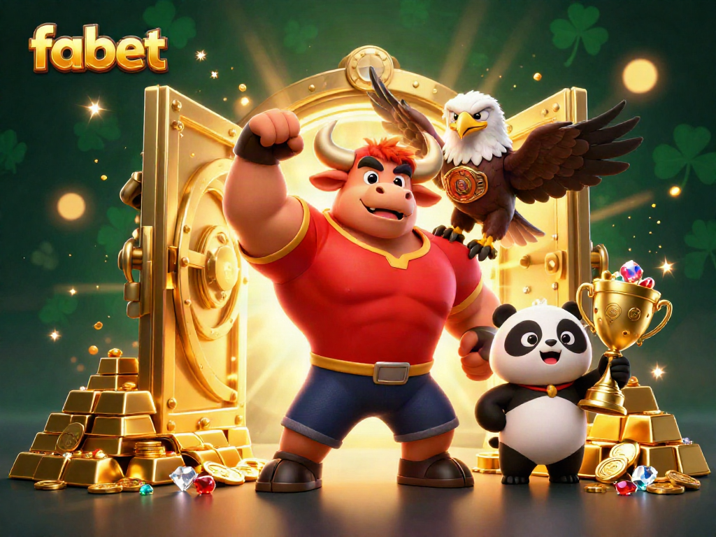 fabet players celebrate big wins with lively characters and treasure in this vibrant 3D illustration