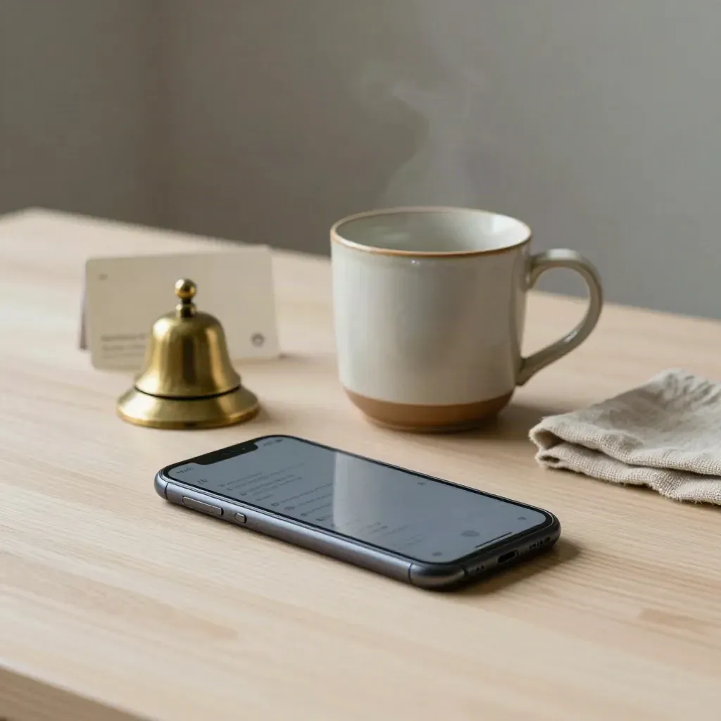 Telefon, hrnek a mosazný zvoneček na světlém dřevě, telefon právě svítí.