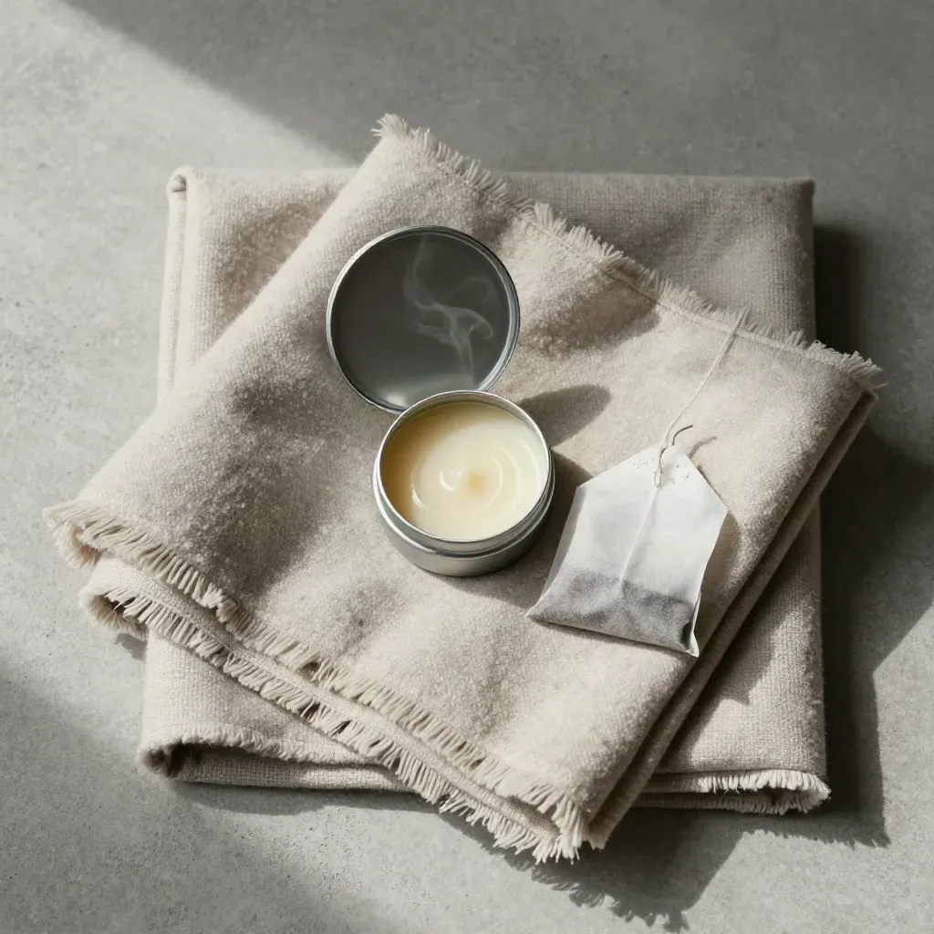 Shora flatlay balzámu, čaje, svíčky a deky na betonovém podkladu.