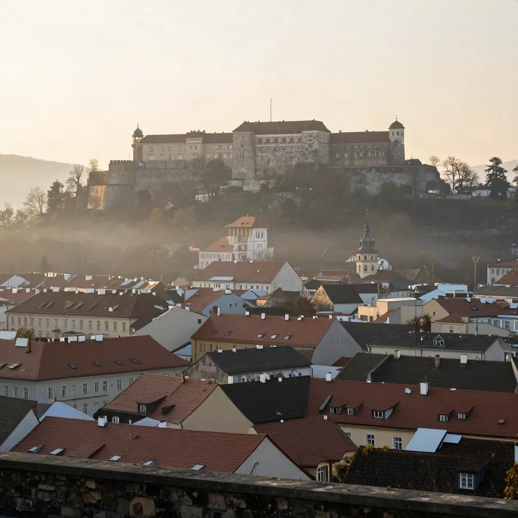 Brněnské panorama se Špilberkem v ranní mlze nad střechami.