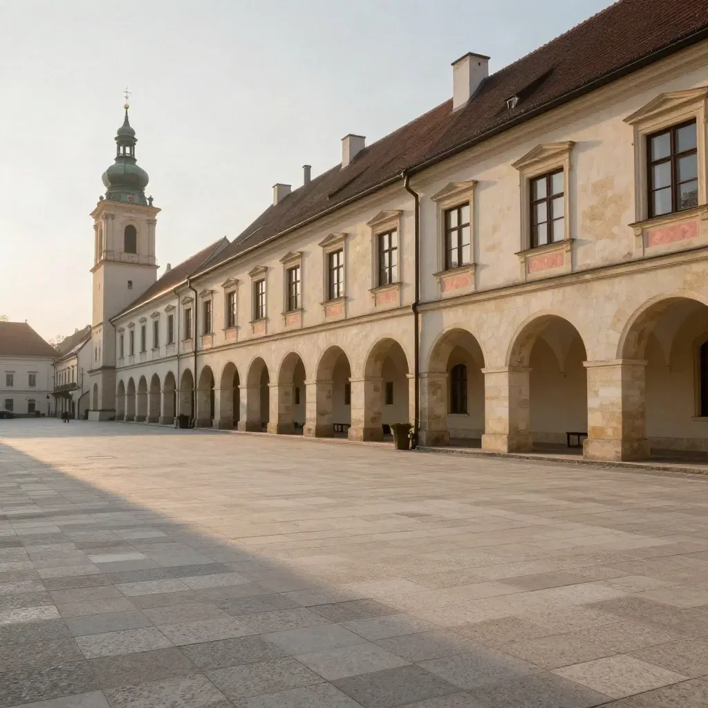 Olomoucké arcády a věže nad světlým kamenitým náměstím v teplém večerním oparu.