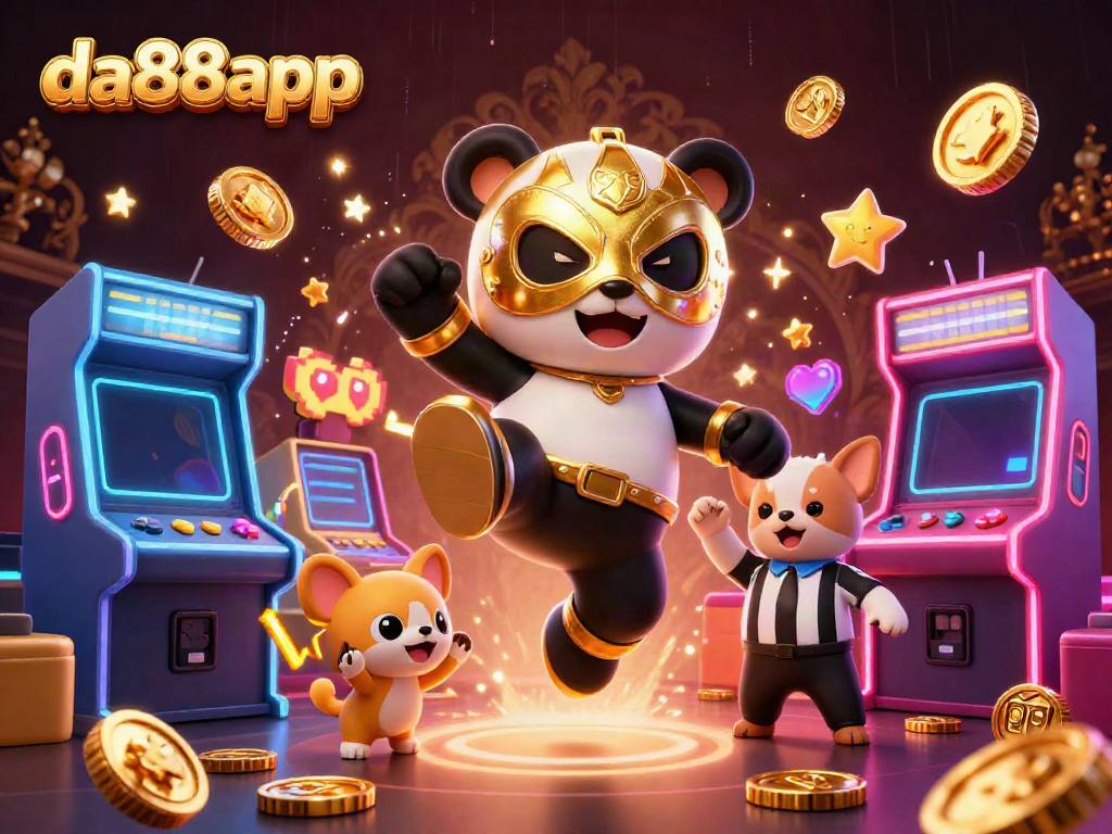 Experience thrilling gaming with da88app featuring a panda in action surrounded by vibrant arcade elements.