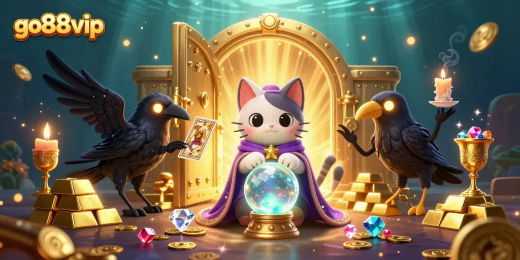 Engage with go88vip’s mystical casino adventure featuring a fortune teller cat and glowing raven.