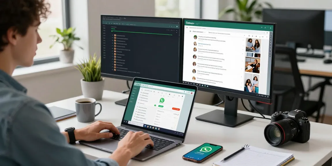 Using WhatsApp網頁版 at a modern workspace with dual monitors and smartphone notifications
