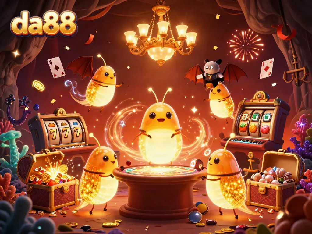 Experience the vibrant da88 casino scene with glowing elements and slot games illuminated by luminescent glowworms.